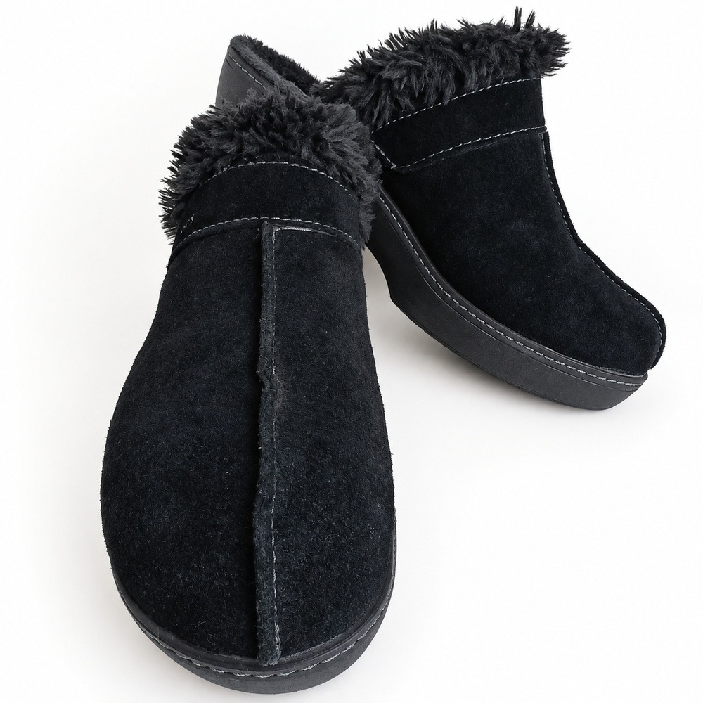 Crocs Cobbler M8 W11 Women Black Suede Faux Fur Platform Clogs Y2K Boho Mules